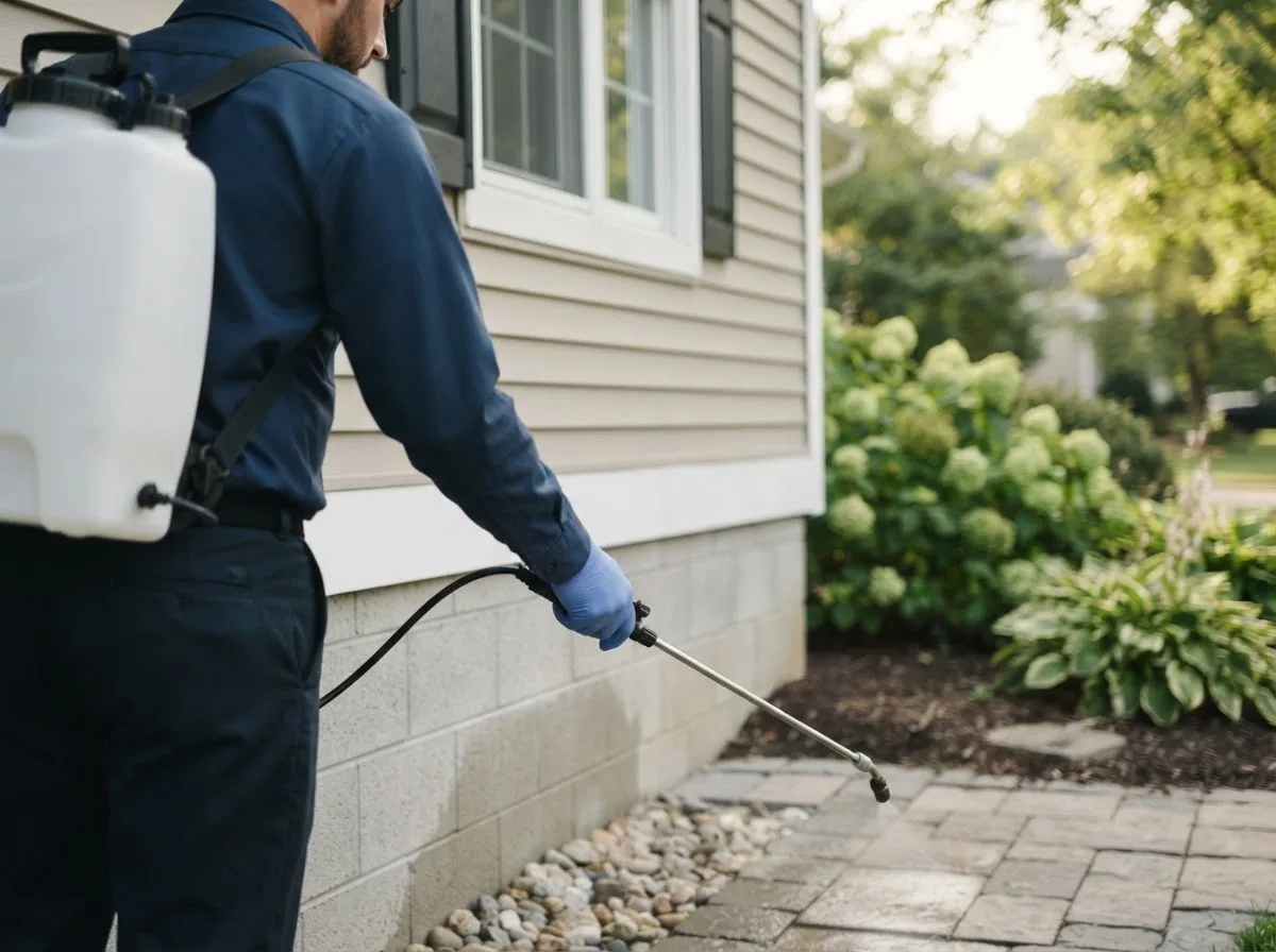 Pest control technician inspecting a home in Rock, MI